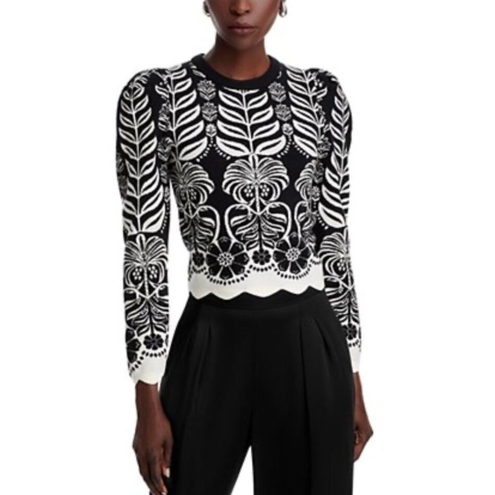 Farm Rio Womens Ainika Tropical Splendor Knit Sweater Small Black White Floral